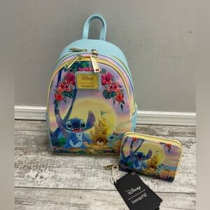 NWT Loungefly Disney Lilo & Stitch Beach Scene Mini Backpack and wallet